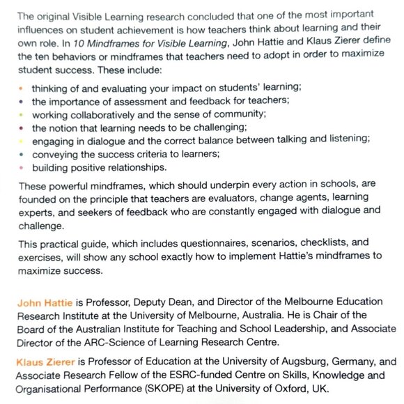 "10 Mindframes For Visible Learning" By John Hattie & Klaus Zierer (2018) - Picture 4 of 5